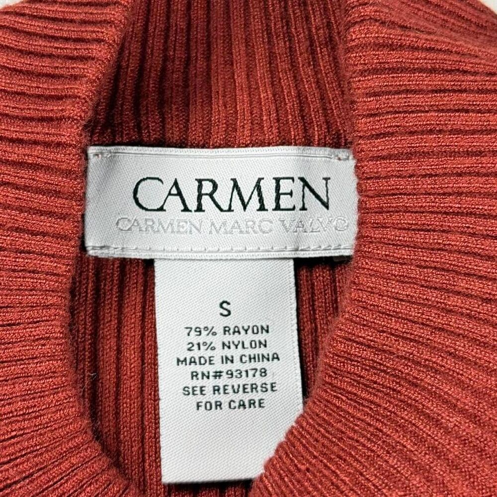 Carmen Marc Valvo Burnt Orange Ribbed Knit Keyhole Cutout Mock Neck Top - Picture 6 of 7